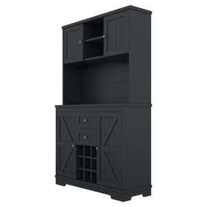 English Elm Coffee Bar Cabinet Dark Blue Farmhouse Buffet with Wine Cubbies, Stemware Rack, Drawers, Shelves & Prep Space Antique Blue W1580S00073
