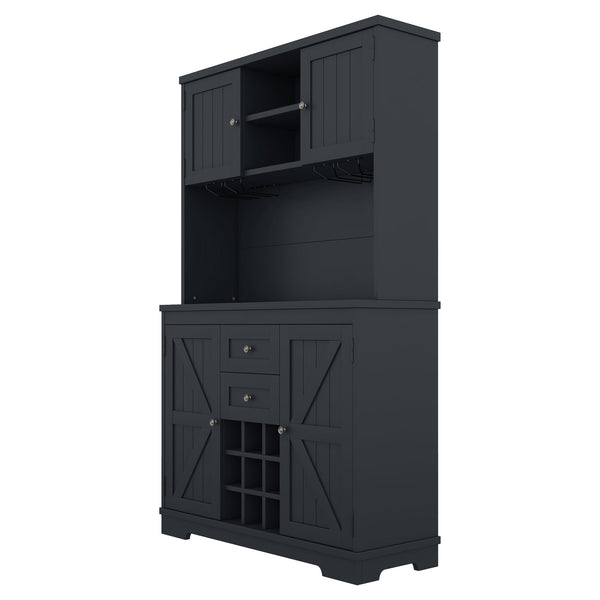 English Elm Coffee Bar Cabinet Dark Blue Farmhouse Buffet with Wine Cubbies, Stemware Rack, Drawers, Shelves & Prep Space Antique Blue W1580S00073