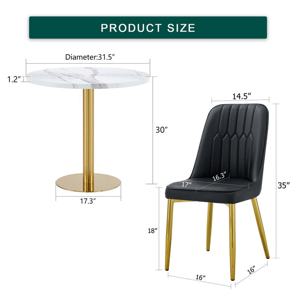 English Elm Table Set: 31.5-Inch Elegant White Marble Round Dining Table With 4 Black Pu Chairs For Chic Dining W1151S02497-GIGA