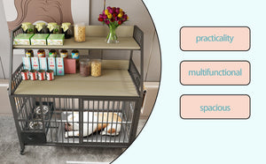 English Elm Large Pet Cage with Iron Frame Mdf Panels Storage Rack and Steel Feeding Basins Beige,Black W3064P245386