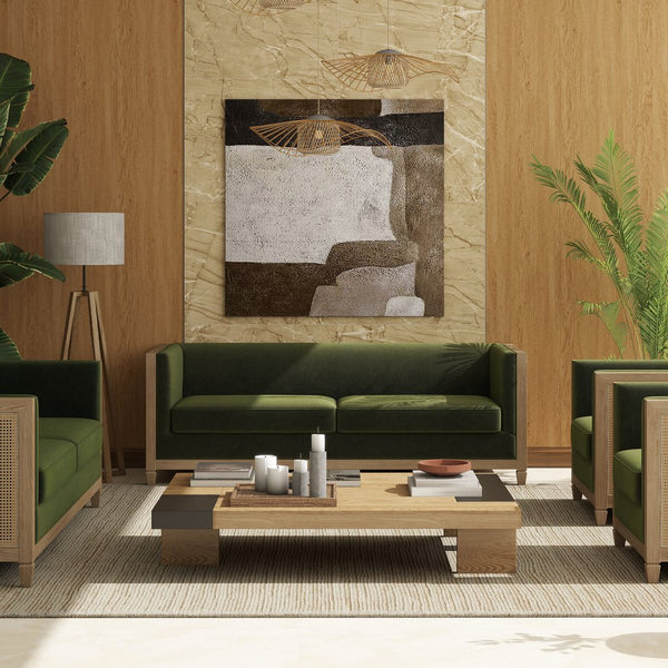 English Elm Jennifer Taylor Home - Georgia 81" Cane Rattan Tuxedo Sofa Olive Green Performance Velvet Solid Oak Frame Removable Cushions B2719P238322