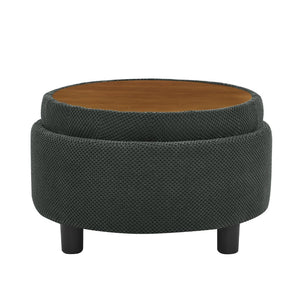 English Elm 25 Inch Round Fabric Pouf Ottoman with Removable Wooden Lid and Hidden Interior Storage Dark Grey W5568P461310