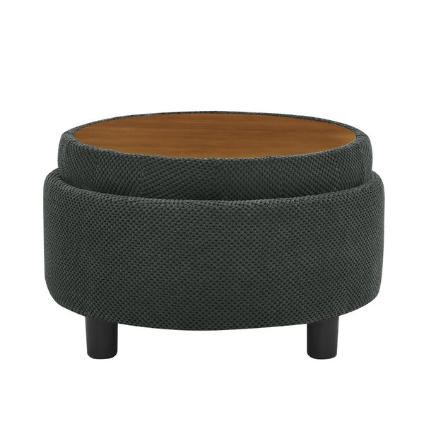 English Elm 25 Inch Round Fabric Pouf Ottoman with Removable Wooden Lid and Hidden Interior Storage Dark Grey W5568P461310
