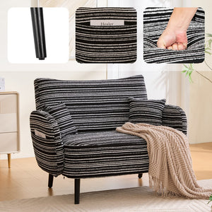 English Elm Modern tufted two-seater sofa with boucle upholstery, tapered legs, storage pockets, cozy compact design Black W395P376591