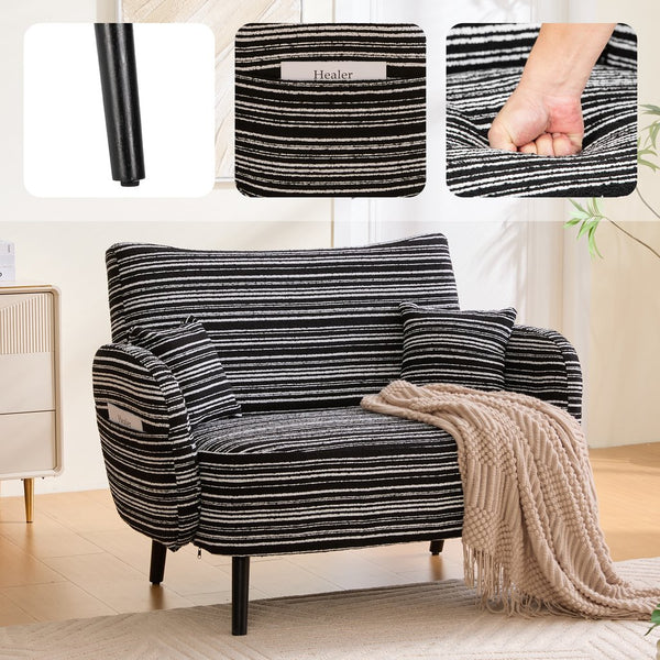 English Elm Modern tufted two-seater sofa with boucle upholstery, tapered legs, storage pockets and plush comfort for small spaces and offices Black W395P376591