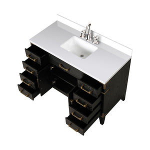 English Elm Black Oak Single Bath Vanity 48" W x 22" D with White Quartz Top, Soft-Close Drawers & Chrome Faucet Set B2731P260932