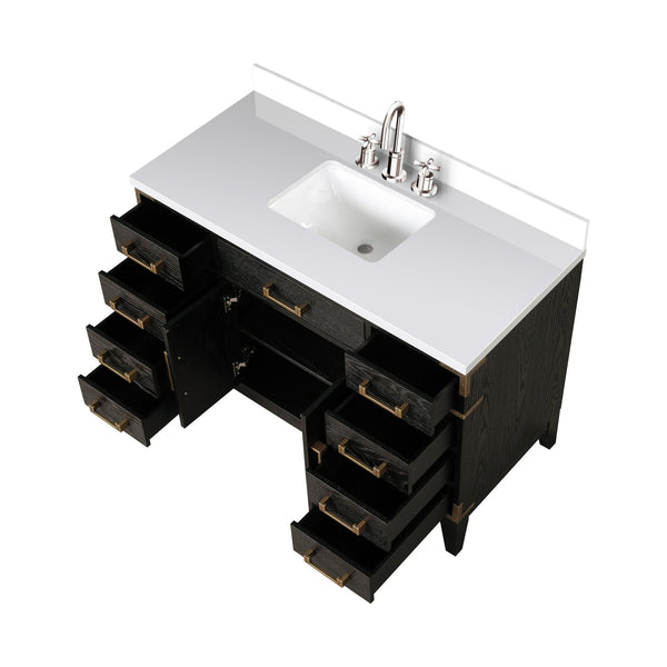 English Elm Black Oak Single Bath Vanity 48" W x 22" D with White Quartz Top, Soft-Close Drawers & Chrome Faucet Set B2731P260932