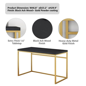 English Elm Home Office Writing Desk with Steel Frame and Scratch Resistant Two Tone Surface Gold+Black W3151P400584