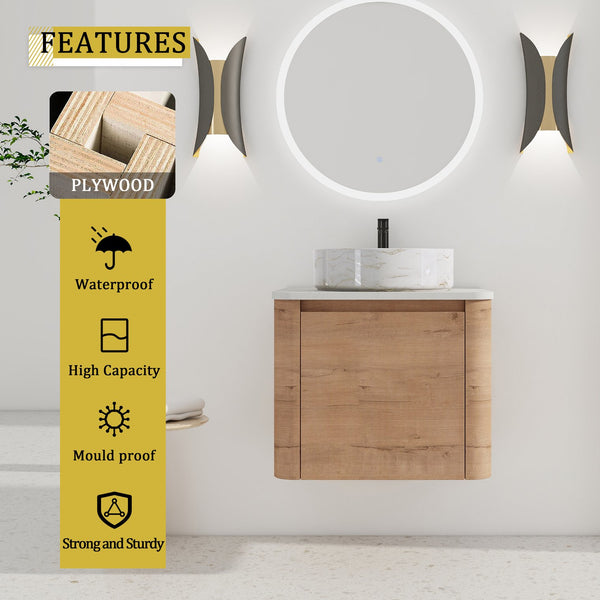 English Elm 24'' Wall-Mounted Bathroom Vanity With Ceramic Vessel Sink, Soft-Close Door & Space-Saving Design W999S00394