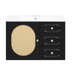 English Elm 30" Mid-Century Bathroom Vanity with Ceramic Sink, Rattan Accent, 2 Soft-Close Drawers, Large Storage Space N710P265954B