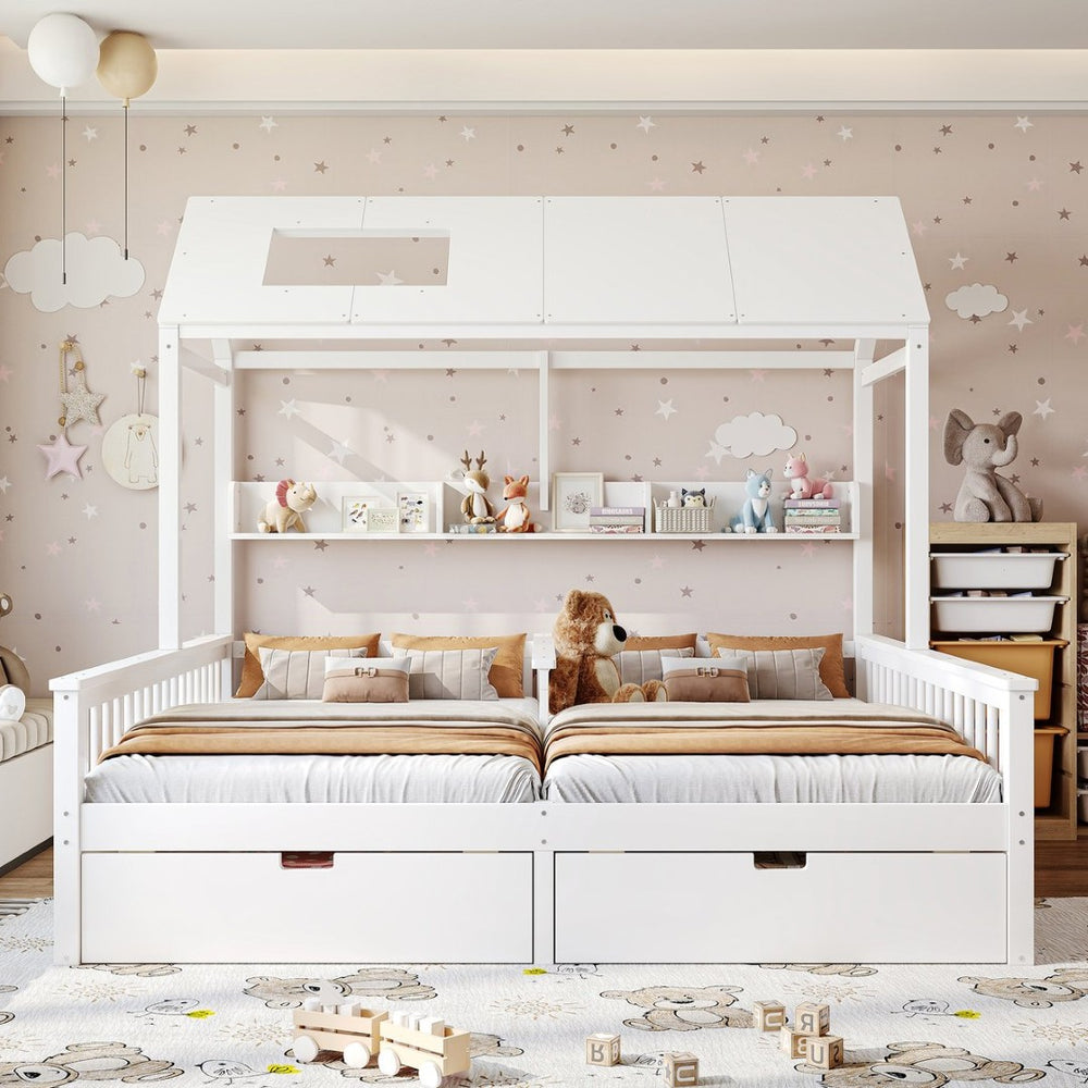 English Elm Double Twin House Bed Pine Wood Frame Kids Playhouse Bunk with Storage Drawers White W5305S00006