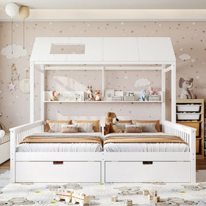 English Elm Double Twin House Bed Pine Wood Frame Kids Playhouse Bunk with Storage Drawers White W5305S00006
