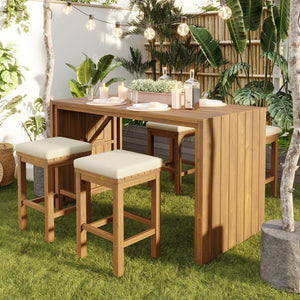 English Elm 5 Piece Outdoor Bar Set Acacia Wood Table & 4 Cushioned Stools, Removable Beige Cushions, Durable N704G201252A