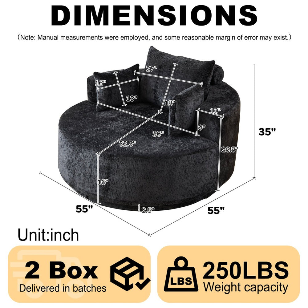 English Elm 55''l 55'l Chenille Swivel Lounge Chair Plush Foam Fill 360 Rotation Modern Living Room Black W834S00642