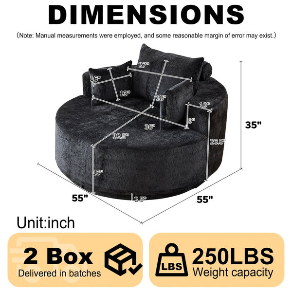 English Elm 55''l 55'l Chenille Swivel Lounge Chair Plush Foam Fill 360 Rotation Modern Living Room Black W834S00642
