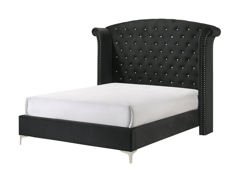 English Elm 1pc Glam Upholstered Queen Bed with Velvet Wingback Headboard, Diamond Tufting & Nailhead Trim Black 96.06 L x 43.9 W x 2.76 H B011S01662