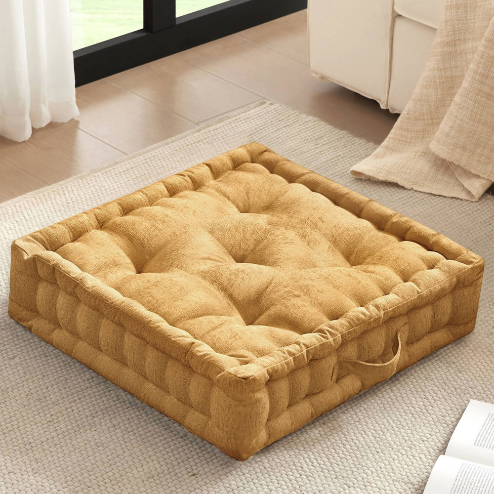 English Elm 1- Piece Tufted Chenille Floor Cushion with Scalloped Edge for Bohemian Living Spaces Yellow B035P482972
