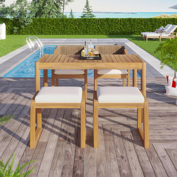 English Elm Christopher Knight Home® - Acacia Teak Outdoor Dining Set of 5 with Cushioned Chairs & Benches, Weatherproof Acacia Wood Patio N779P191976T_N779P210772L_N779P210771L