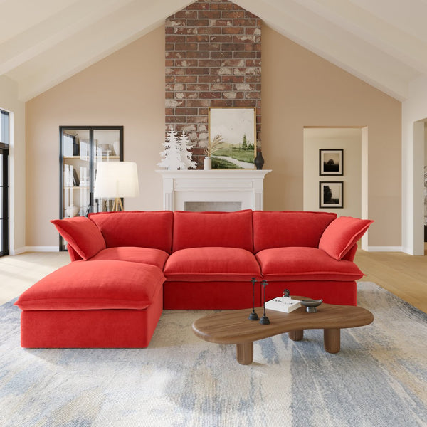 English Elm Sky Cloud Sectional Sofa with Cloud-Like Comfort, Modular L-Shaped Velvet Seating, Removable Covers, Storage Ottoman Red B341S00019