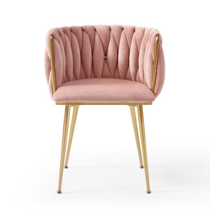 English Elm Modern Velvet Upholstered Dining Chairs Woven Back Gold Legs Set of Two W1117P440621