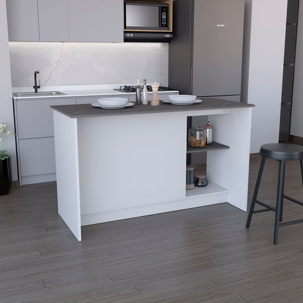 English Elm Kitchen Island With Ample Counter Space, Open Shelves & Double-Door Storage, Stylish White/Onyx B097S00157