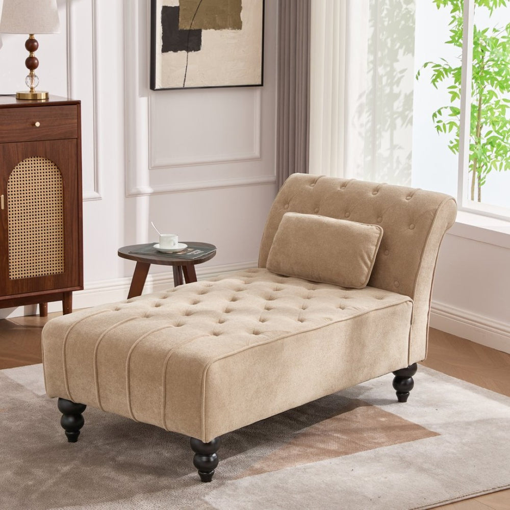 English Elm Chaise Lounge Velvet Upholstered Accent Chair with Birch Legs for Living Room Decor Camel N776P412298C