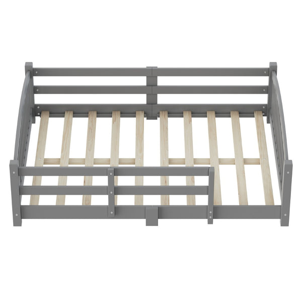 English Elm Full Montessori Pine Wood Floor Bed with Safety Rails Low Profile Kids Room Frame Gray N733P400299E