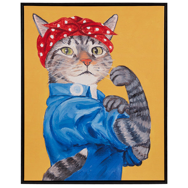 JLA Home Madison Park - Rosie Framed Canvas Wall Art by Carol Lew — Whimsical Denim-Clad Cat Portrait with Polka Dot Bandanna, Micro-Texture Embossing, Black Frame (16.5"x20.5") ID95C-0043