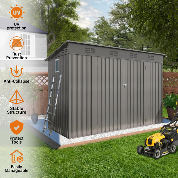 English Elm 4 X 9 Ft Galvanized Steel Outdoor Shed with Vented Sloped Roof and Wide Swing Doors W3213S00006