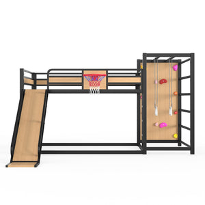 English Elm Twin Metal Loft Bed with Slide Basketball Hoop Climbing Wall and Built-in Shelves W1580S00632