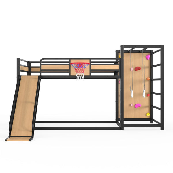 English Elm Twin Metal Loft Bed with Slide Basketball Hoop Climbing Wall and Built-in Shelves W1580S00632