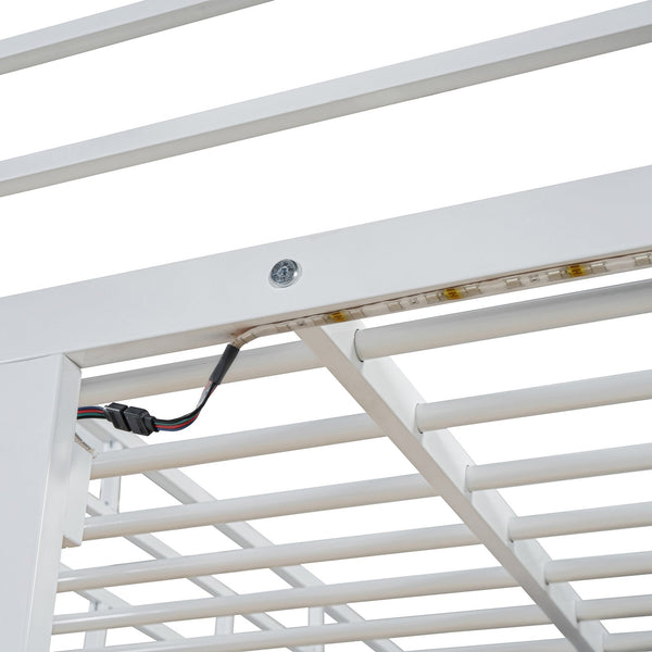 English Elm Twin Loft Bed with Built-In Desk, LED Light Strip, Power Outlet & Fabric Wardrobe for Small Rooms White SF000178AAK