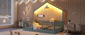 English Elm Twin Montessori Floor Bed House Frame with Led Lighting and Safety Rails for Kids Grey W2593P440597