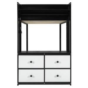 English Elm Twin Bunk Bed with Storage Drawers Hanging Rail Led Shelves and Pegboard Organizer Black LT000282AAB