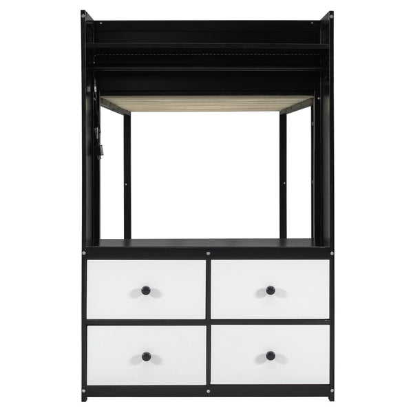 English Elm Twin Bunk Bed with Storage Drawers Hanging Rail Led Shelves and Pegboard Organizer Black LT000282AAB