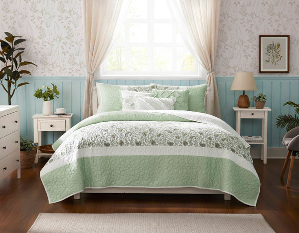 English Elm 6 Cotton Percale Quilt Set Full/Queen with 3 Decorative Pillows Breathable Printed Cotton Blend Comfort Sage Green 22.83 L x 17.72 W x 7.09 H B035P294112