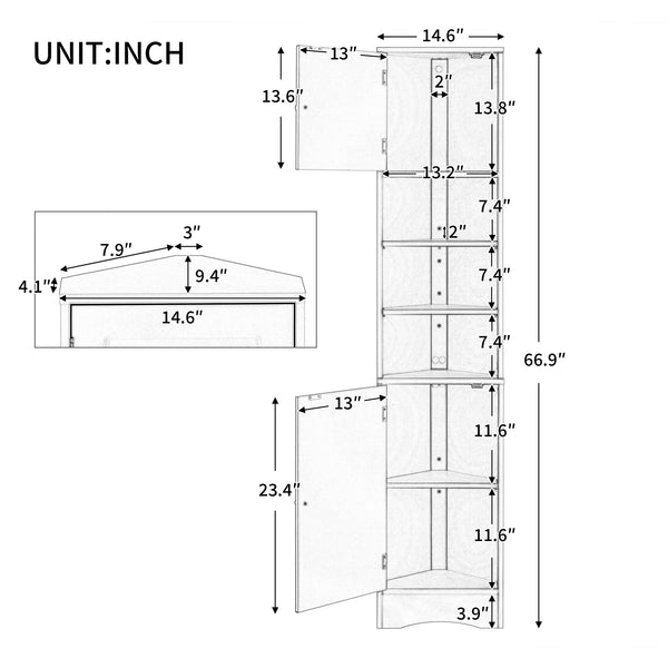 English Elm Multi-Functional Corner Cabinet Tall Trapezoid Bathroom Storage with Adjustable Shelves, Doors, Anti-Dump Device Grey WF530911AAE