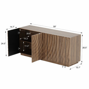 English Elm Buffet Sideboard with 3d Ripple Door Texture Walnut Finish Wide Living Room Storage W2263P467025