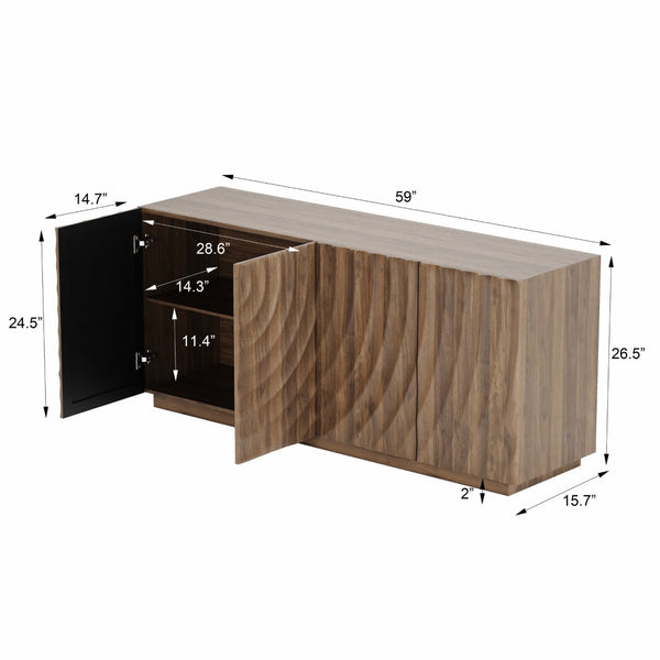 English Elm Buffet Sideboard with 3d Ripple Door Texture Walnut Finish Wide Living Room Storage W2263P467025