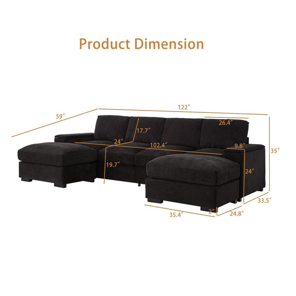 English Elm 122"l Corduroy Sectional with Dual Ottomans Modular U-shape Sofa for Modern Living Black W1669S00045