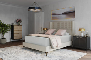 Sunpan Cairo Bed - Luxurious Deep Tufted Design with Cushioned Headrest and Elegant Antique Brass Legs Queen