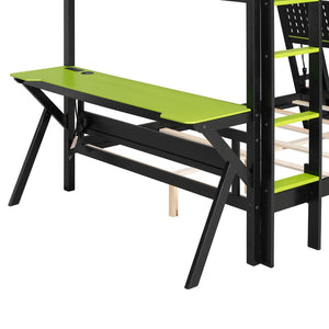 English Elm Full Size Gaming Bunk Bed with Dual Desks Usb Charging Ports and Pegboard Storage Green LT000274AAG