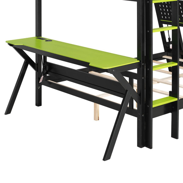 English Elm Full Size Gaming Bunk Bed with Dual Desks Usb Charging Ports and Pegboard Storage Green LT000274AAG