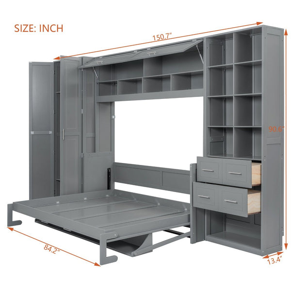 English Elm Queen Murphy Wall Bed Cabinet System with Wardrobe Drawers and Shelving in White Mdf LP000384AAE