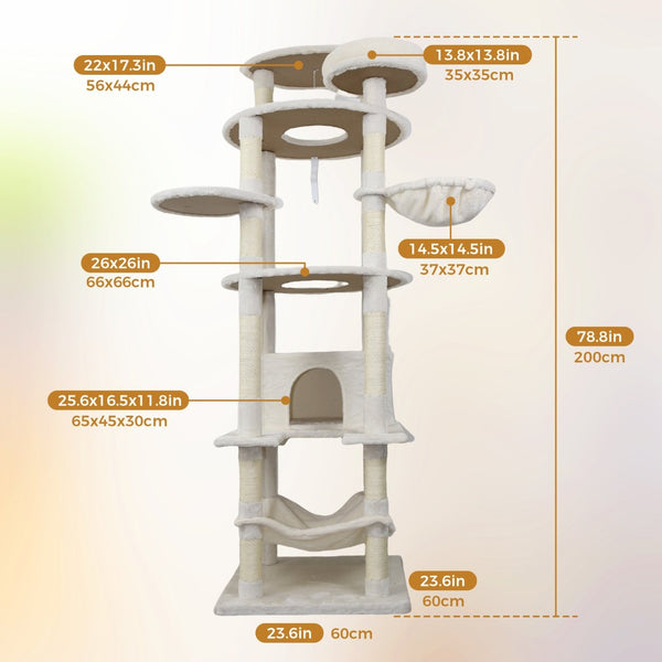 English Elm 84 Inch Tall Multi Cat Tower with Sisal Posts Hammock Triple Condos and Top Perch W243P382885
