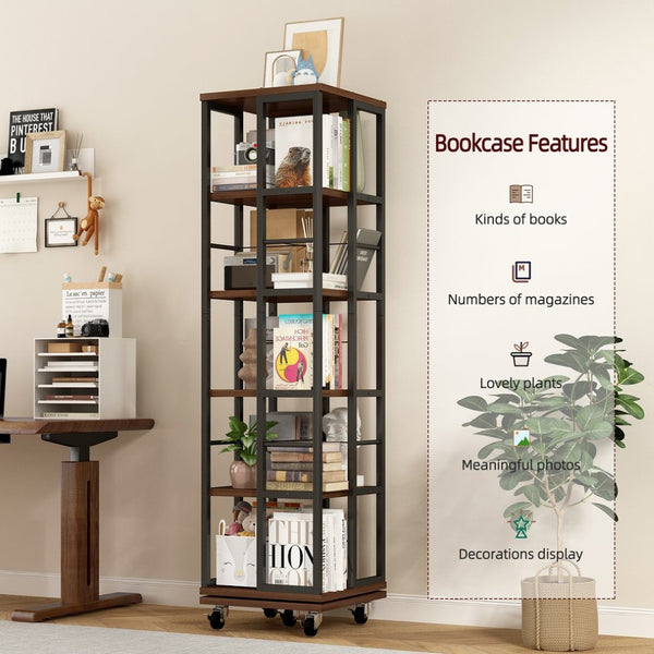 English Elm 5 Tier Rotating Corner Bookcase Rustic Brown Steel Wood Spinning Floor Shelf W2641P399191