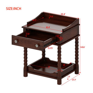 English Elm Retro Bedside Nightstand with Turned Rubberwood Legs Open Shelf and Drawer Storage Walnut N733P206240D