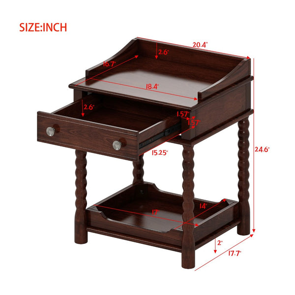 English Elm Retro Bedside Nightstand with Turned Rubberwood Legs Open Shelf and Drawer Storage Walnut N733P206240D