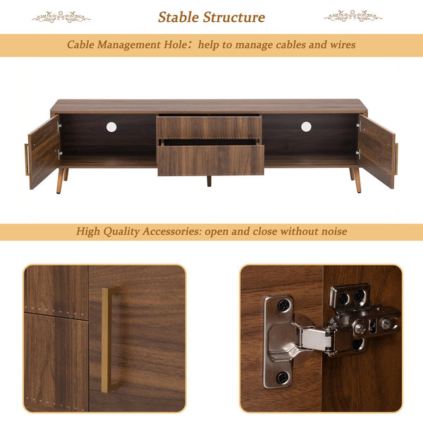 English Elm Mid Century TV Stand Walnut Finish with 2 Drawers, Cable Management, Solid Wood Legs, 80'' Safe Storage and Style N710P222772P