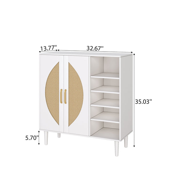 English Elm 20 Pairs Shoe Storage Cabinet White Light Oak with Handwoven Rattan Panels, 8 Adjustable Shelves, Anti-Tip Handles T3833P366595